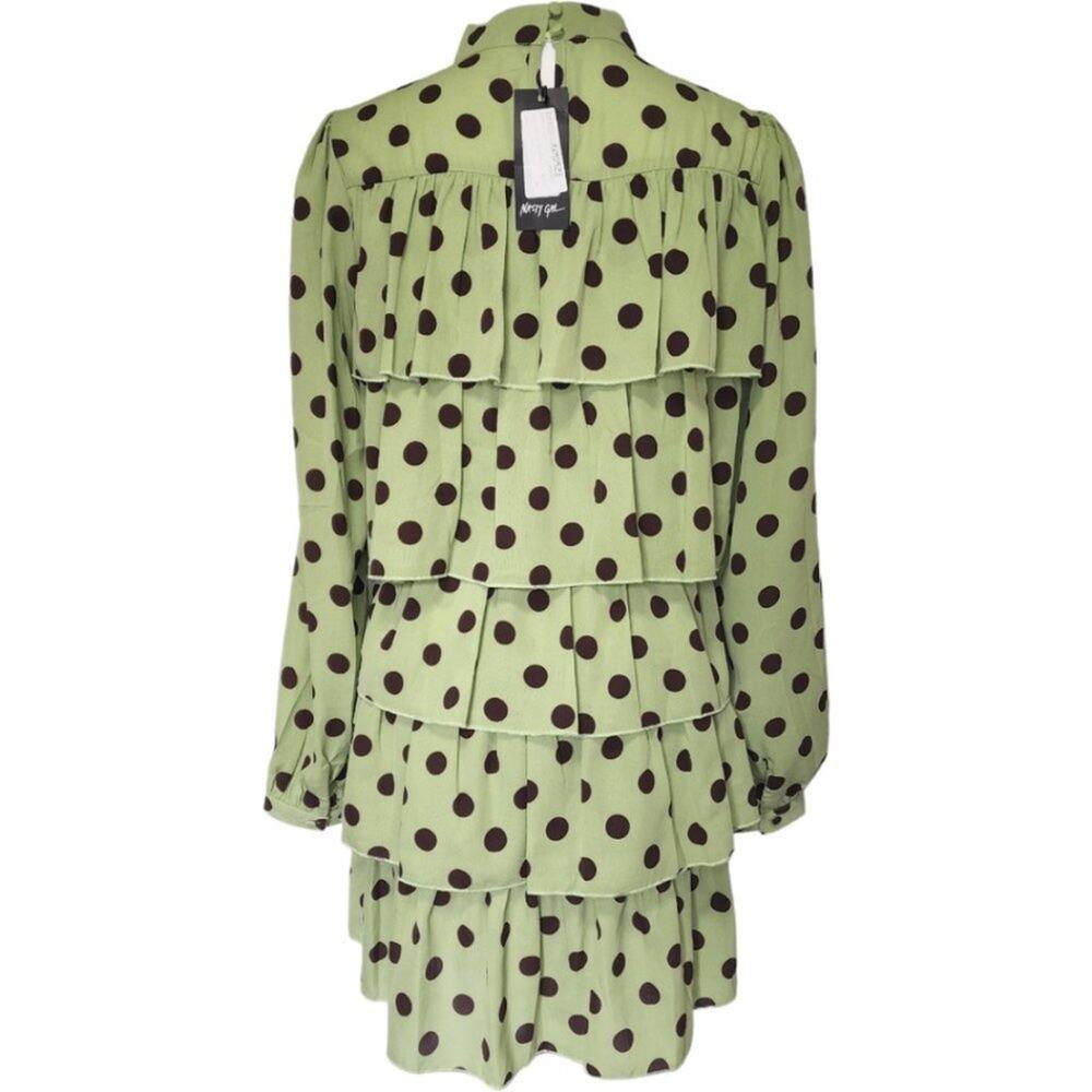 Nasty Gal Satin‎ Spot Tiered Frill Smock Dress Green/Brown Size 6 - Picture 3 of 8
